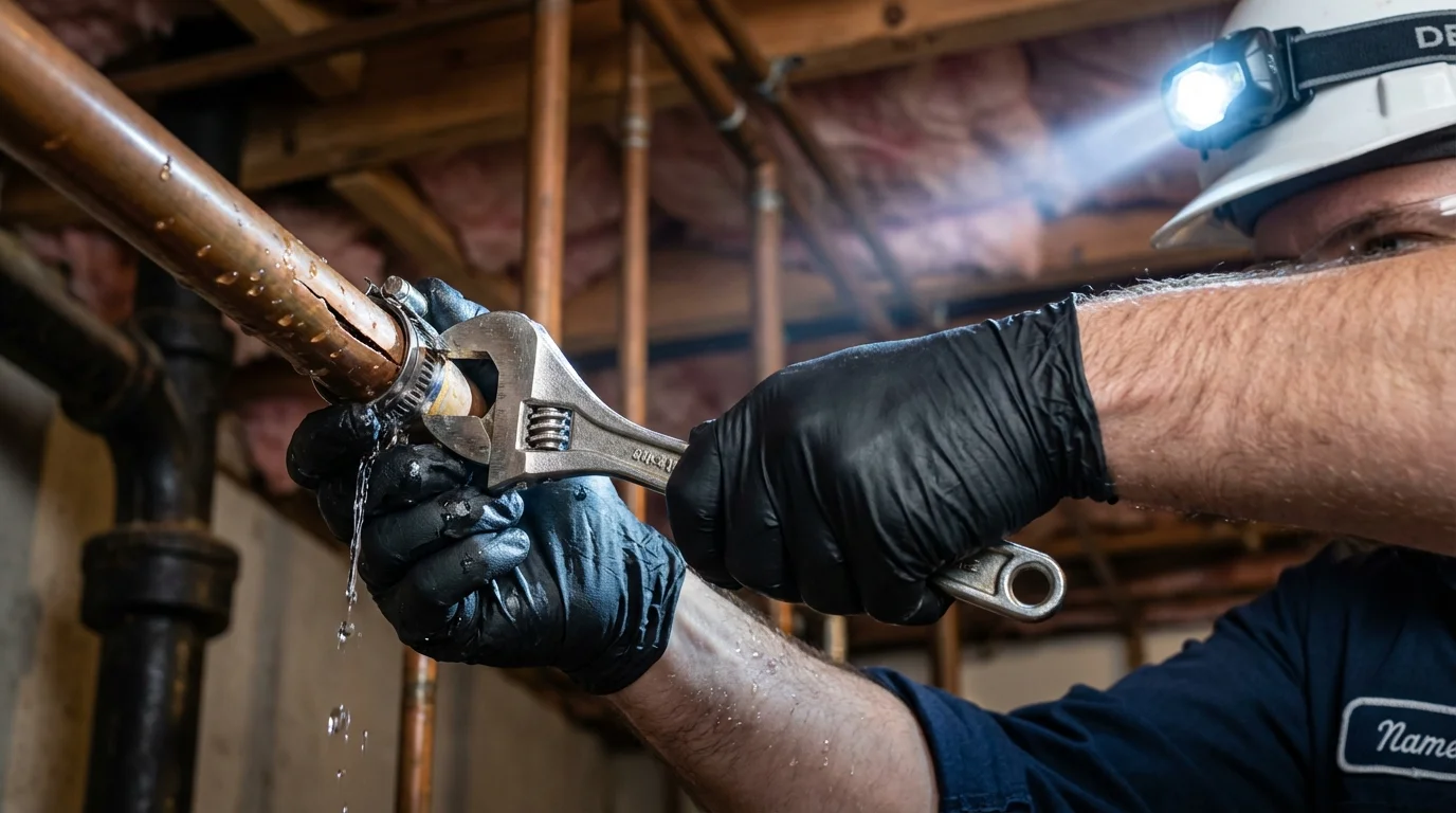 Emergency pipe clamp repair being performed by a Johns Plumbing LLC plumber in Satellite Beach