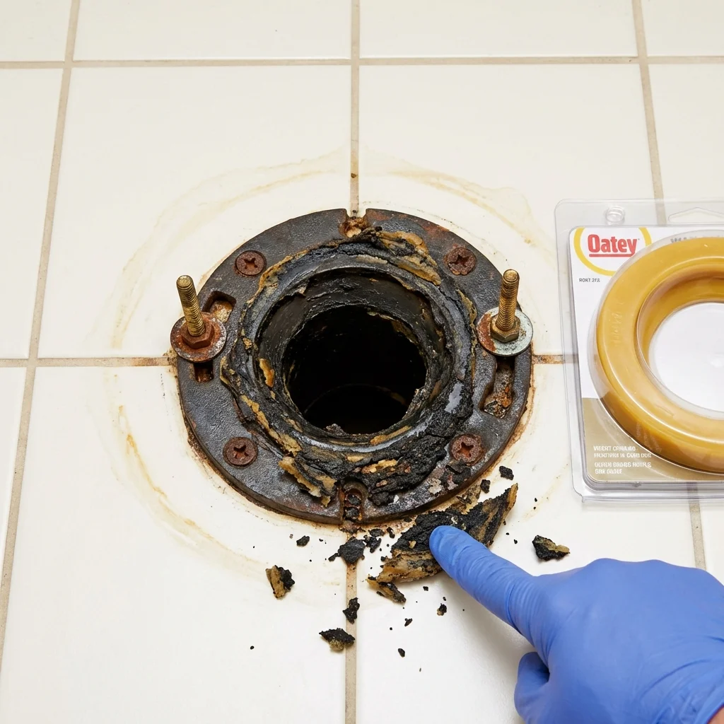Failed wax ring showing water seepage at the base of a toilet in a Satellite Beach, FL home