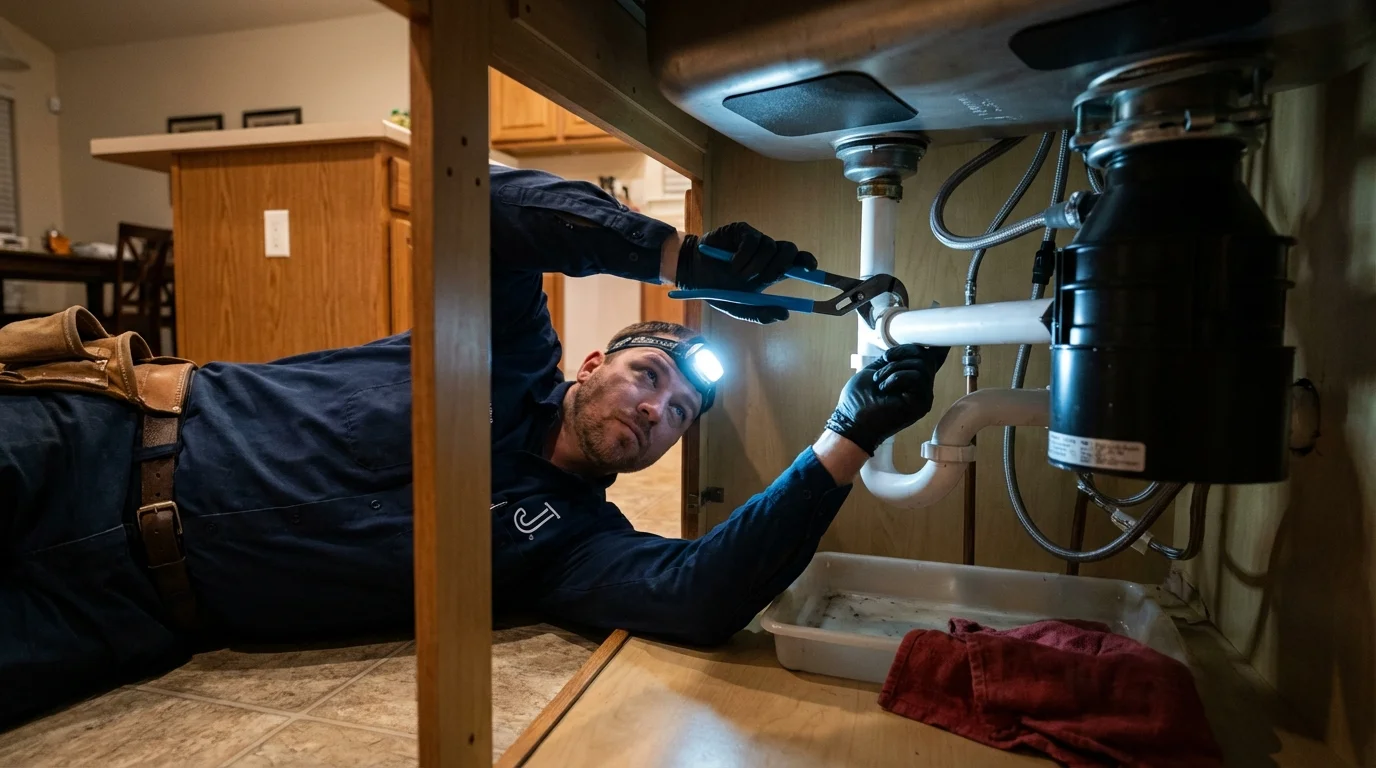 P-trap and supply line connections under a kitchen sink showing a common leak point in Satellite Beach, FL